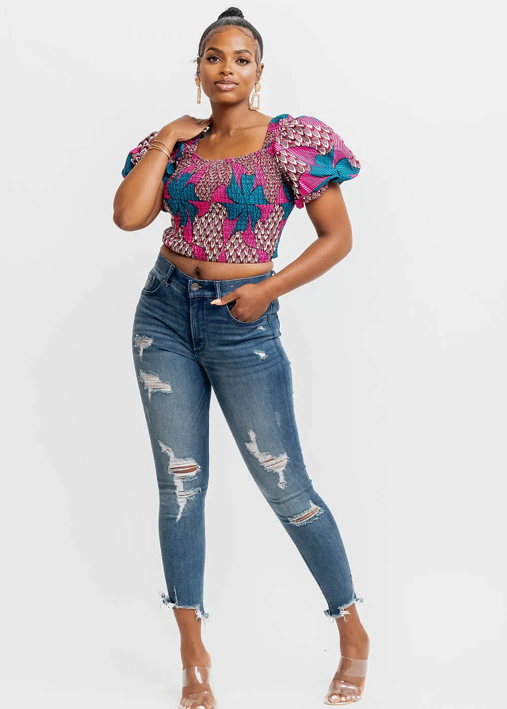 Abiona Women's African Print Smocked Top (Pink Teal Pinwheels) - Clearance