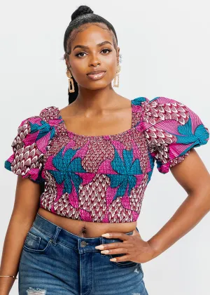 Abiona Women's African Print Smocked Top (Pink Teal Pinwheels) - Clearance