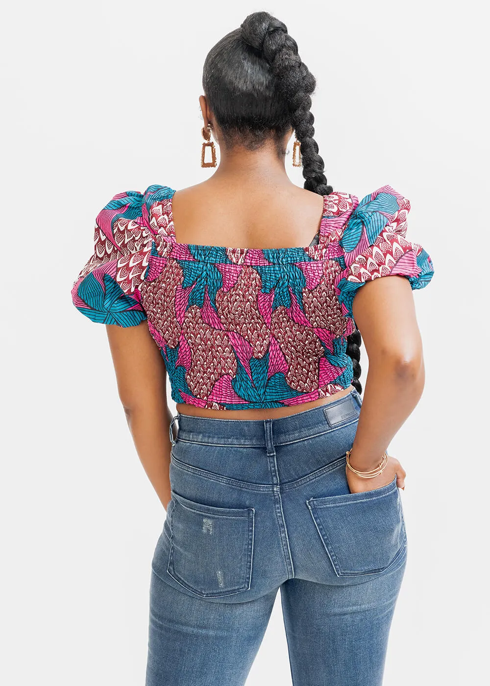 Abiona Women's African Print Smocked Top (Pink Teal Pinwheels) - Clearance