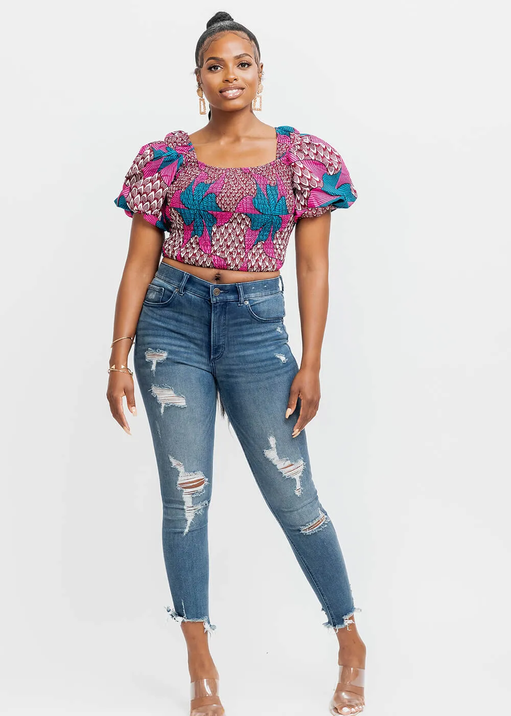Abiona Women's African Print Smocked Top (Pink Teal Pinwheels) - Clearance