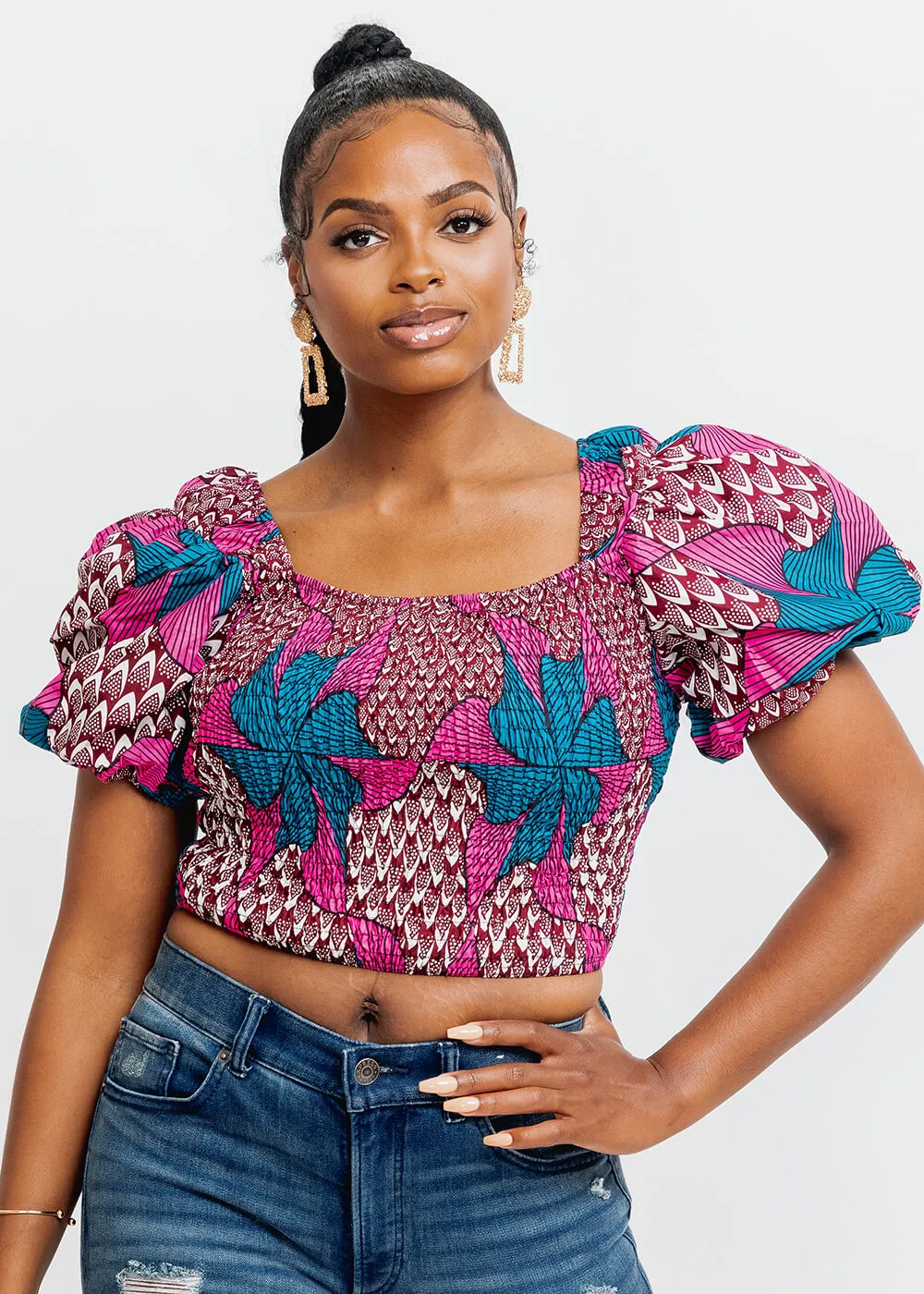 Abiona Women's African Print Smocked Top (Pink Teal Pinwheels) - Clearance