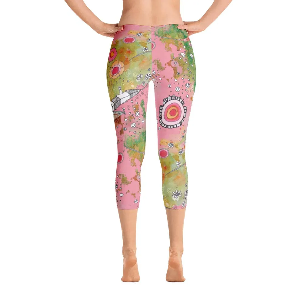 Abstract Capri leggings, Workout Pants 'Pink Feathers, Flowers, Showers'