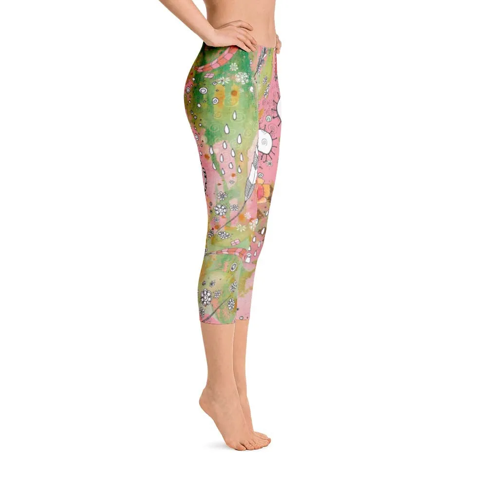 Abstract Capri leggings, Workout Pants 'Pink Feathers, Flowers, Showers'