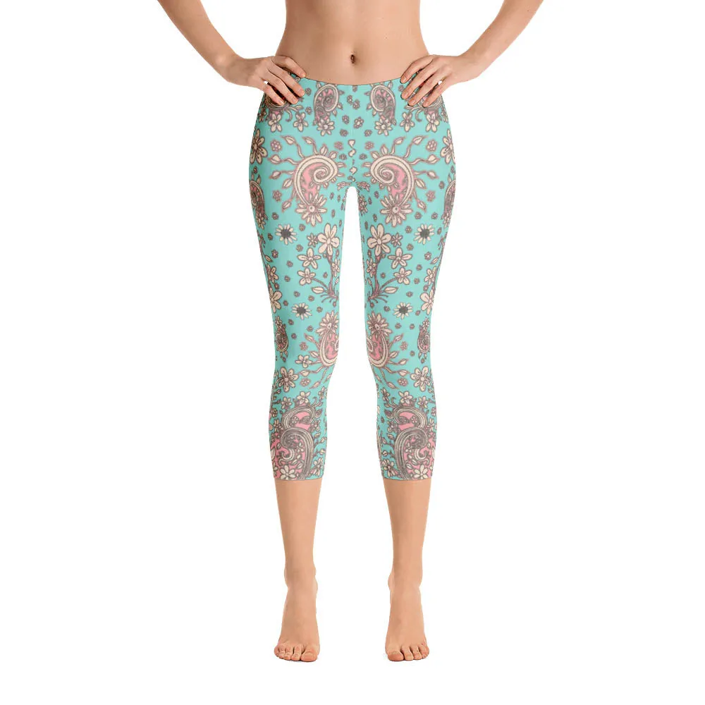 Abstract Capri leggings, Workout Pants 'Teal Birds of a Flower'