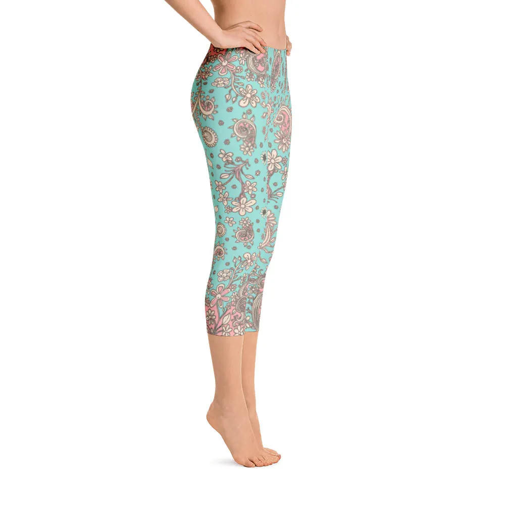 Abstract Capri leggings, Workout Pants 'Teal Birds of a Flower'
