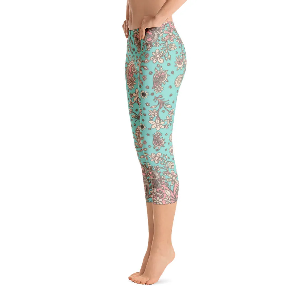 Abstract Capri leggings, Workout Pants 'Teal Birds of a Flower'