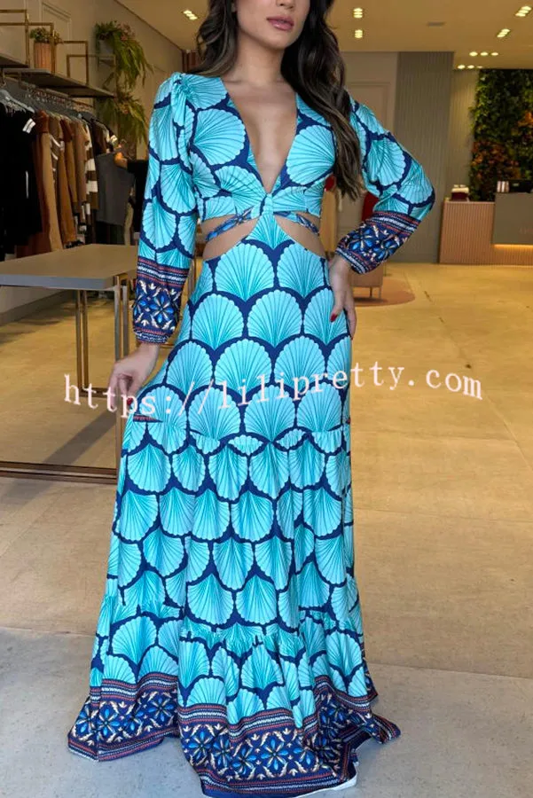 Alisa Unique Print Cutout Elastic Waist Tie-up Long Sleeve Maxi Dress