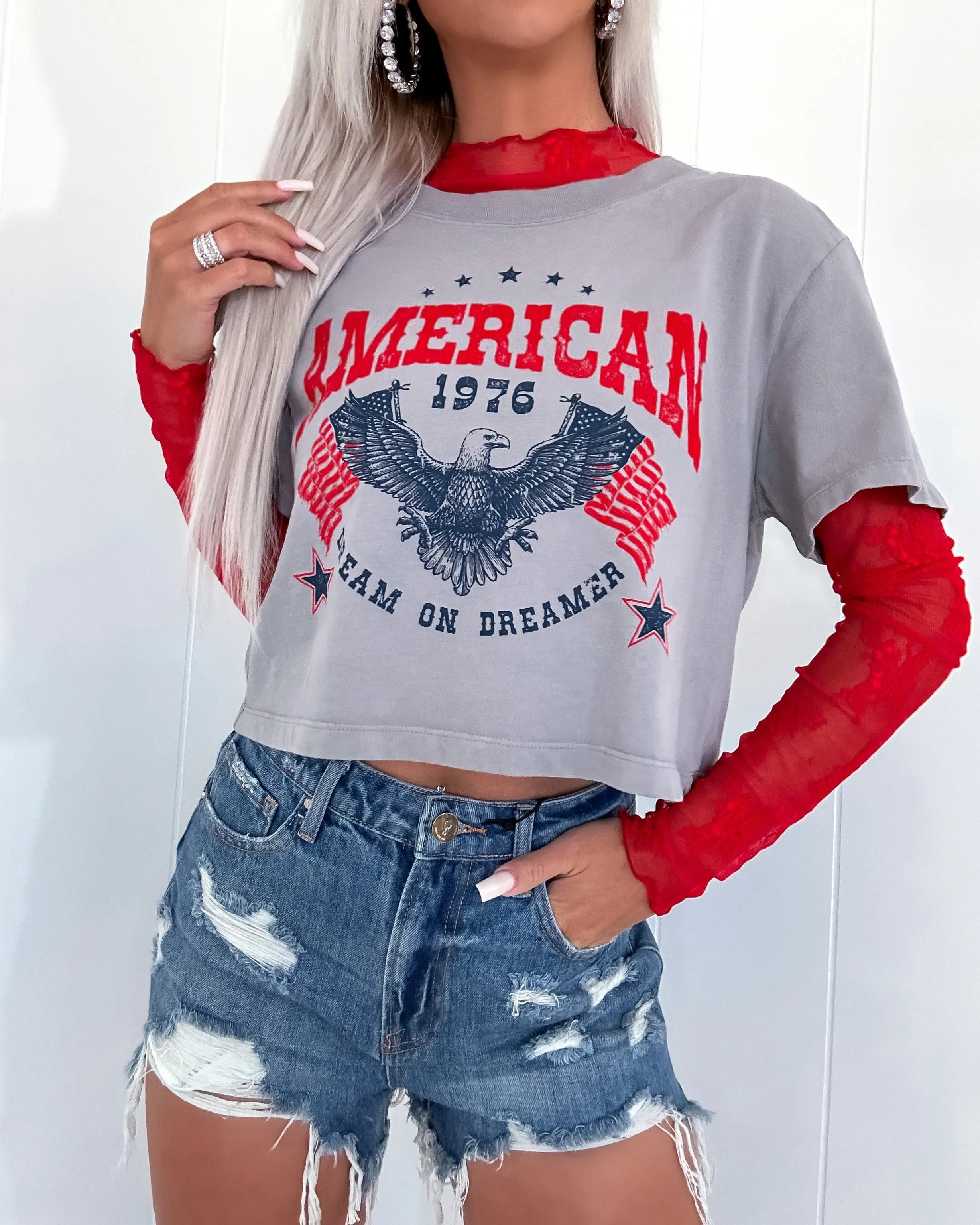 American Dream Graphic Crop Top - Grey