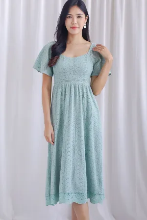 Anastasia Eyelet Sleeved Midi Dress In Seafoam
