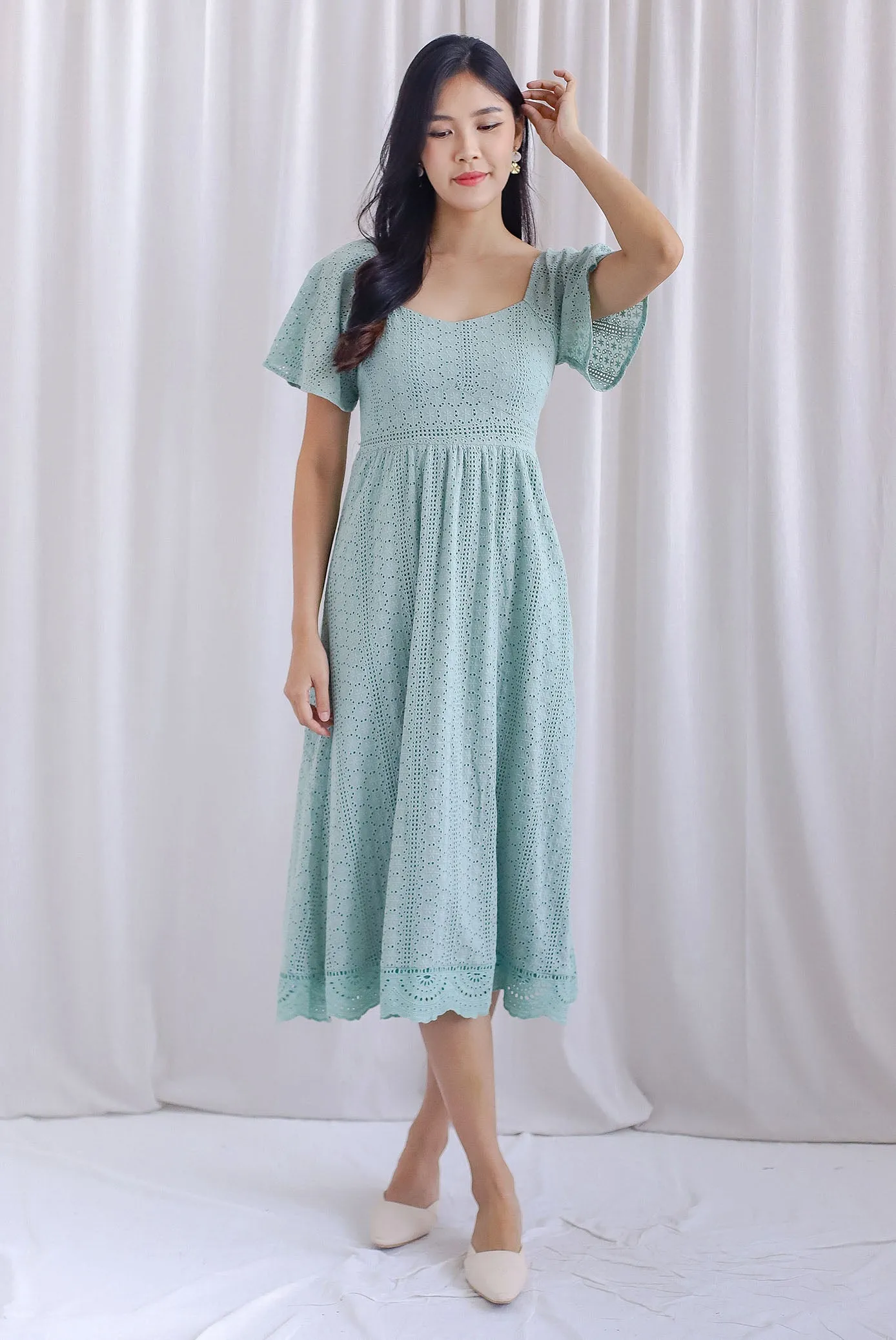 Anastasia Eyelet Sleeved Midi Dress In Seafoam