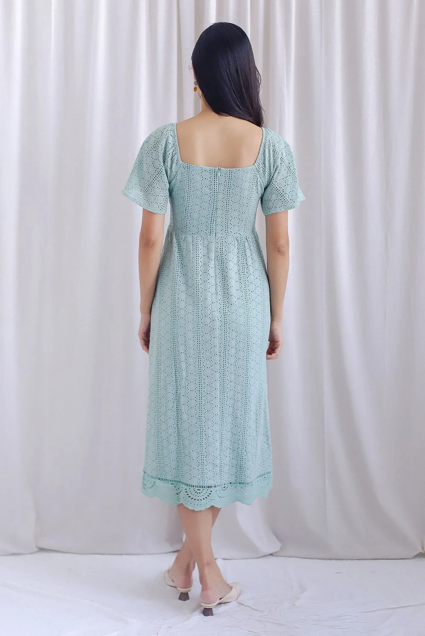 Anastasia Eyelet Sleeved Midi Dress In Seafoam