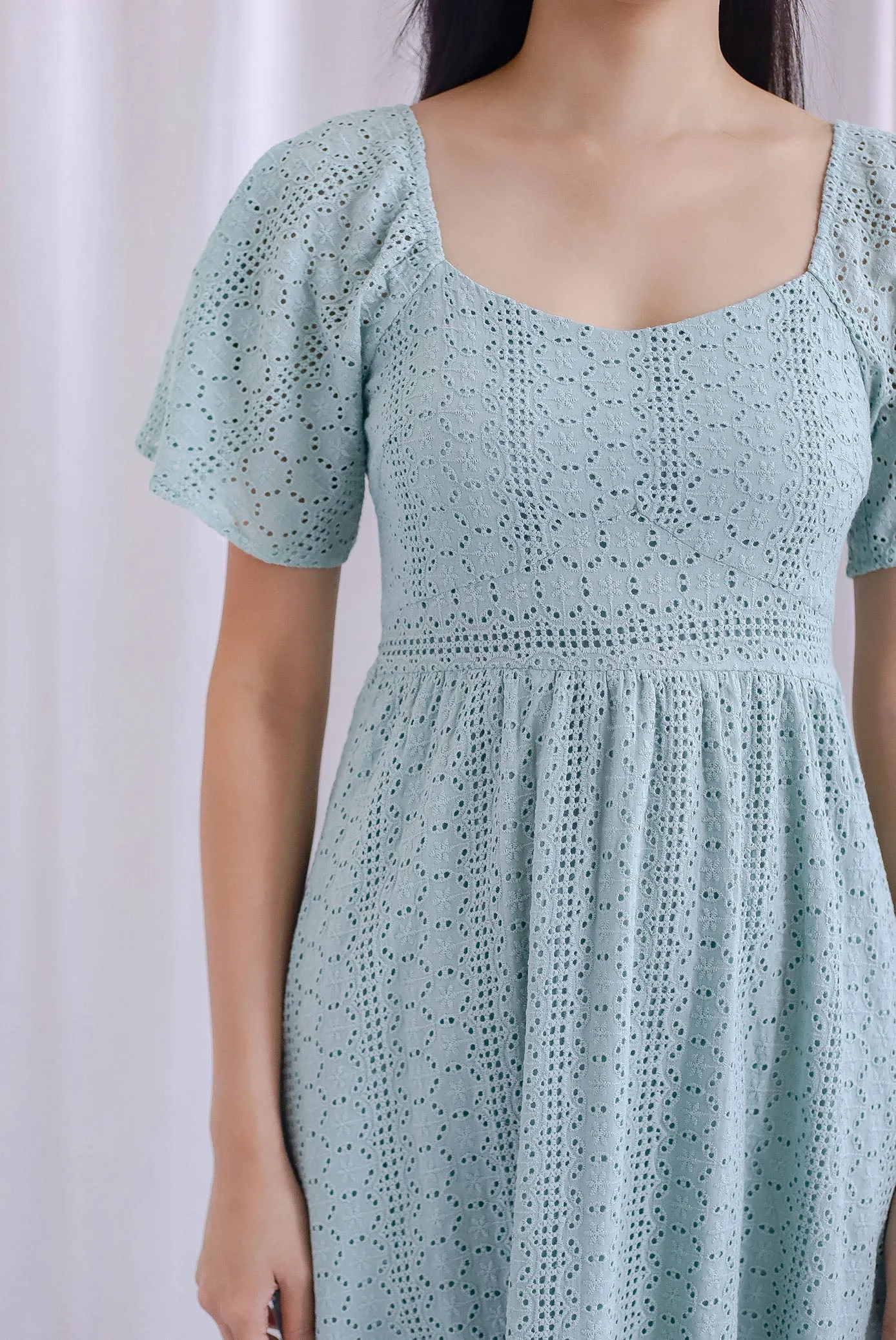 Anastasia Eyelet Sleeved Midi Dress In Seafoam