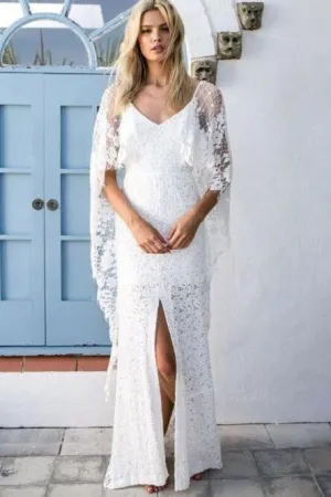 Anneprom Sheath V-Neck Backless Wraps Lace Beach Wedding Dress with Split APW0122