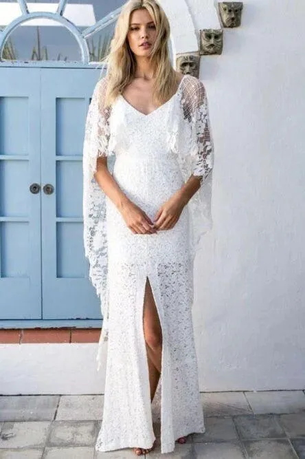 Anneprom Sheath V-Neck Backless Wraps Lace Beach Wedding Dress with Split APW0122