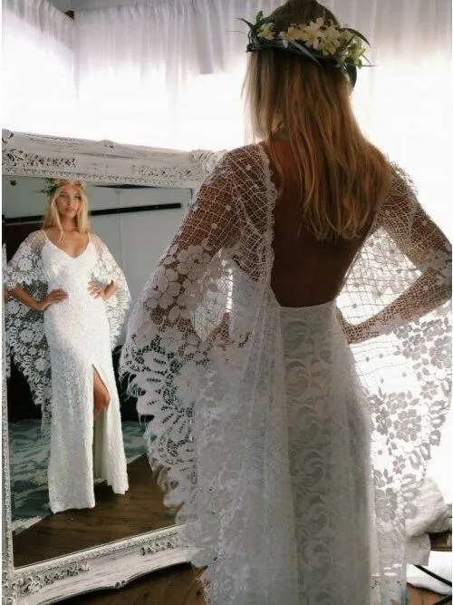 Anneprom Sheath V-Neck Backless Wraps Lace Beach Wedding Dress with Split APW0122