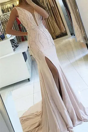 Anneprom Sheath V-Neck Sweep Train Pearl Pink Backless Prom Dress With Beading APP0260