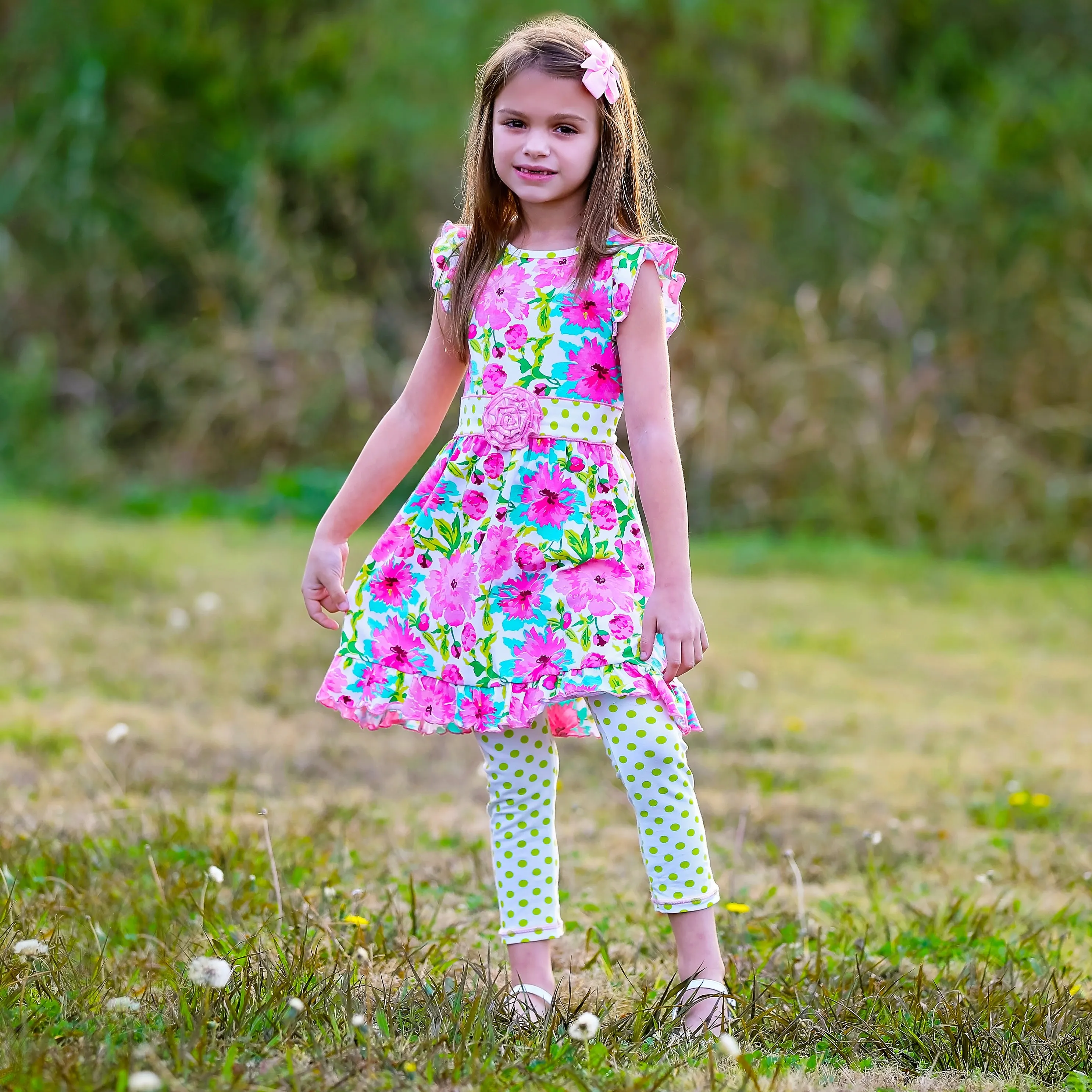 AnnLoren Little Girls Spring Floral Dress Polka Dot Capri Leggings