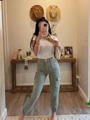 Army Green High Rise Cargos