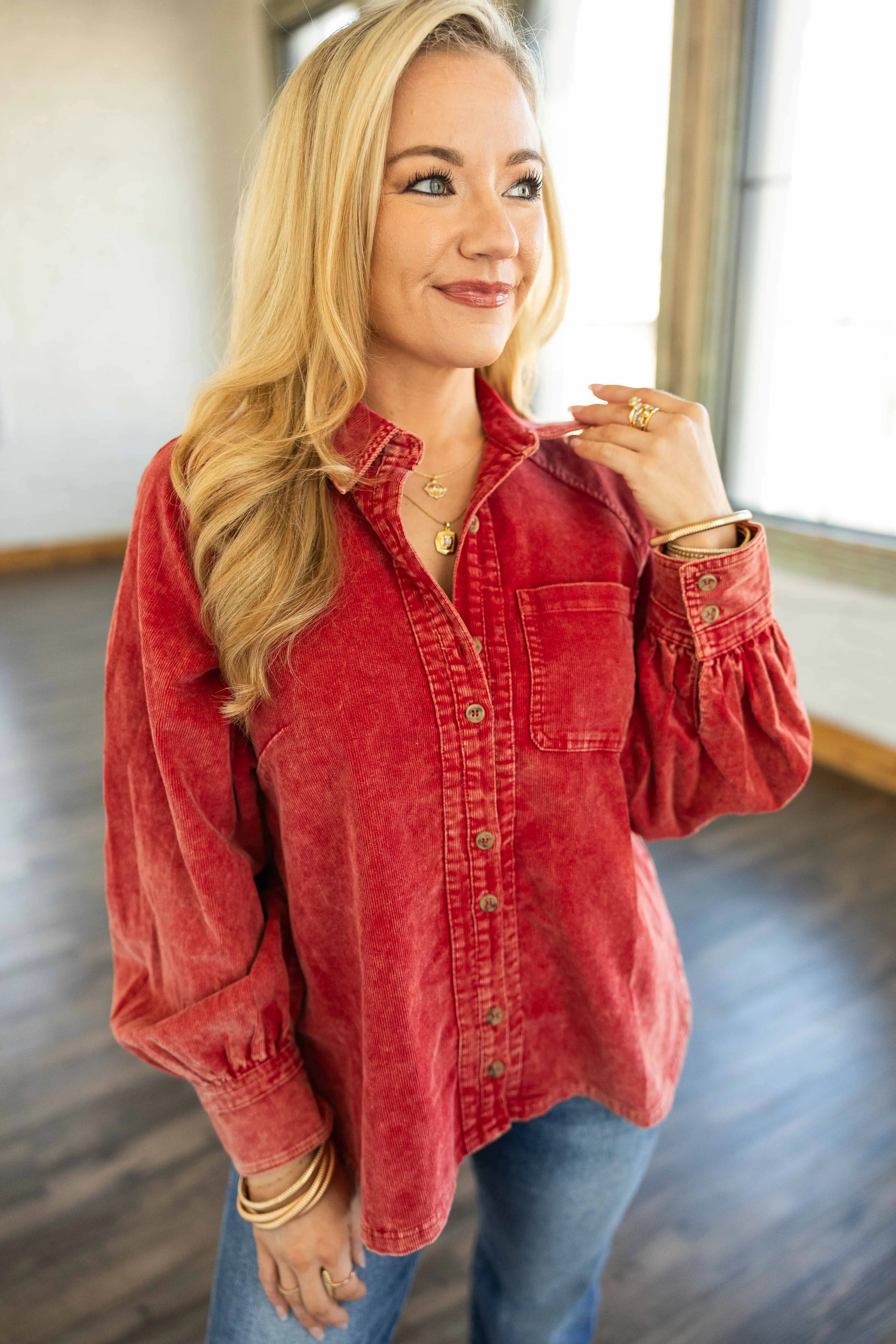 ATHENA CORDUROY BUTTON DOWN LONG SLEEVE TOP