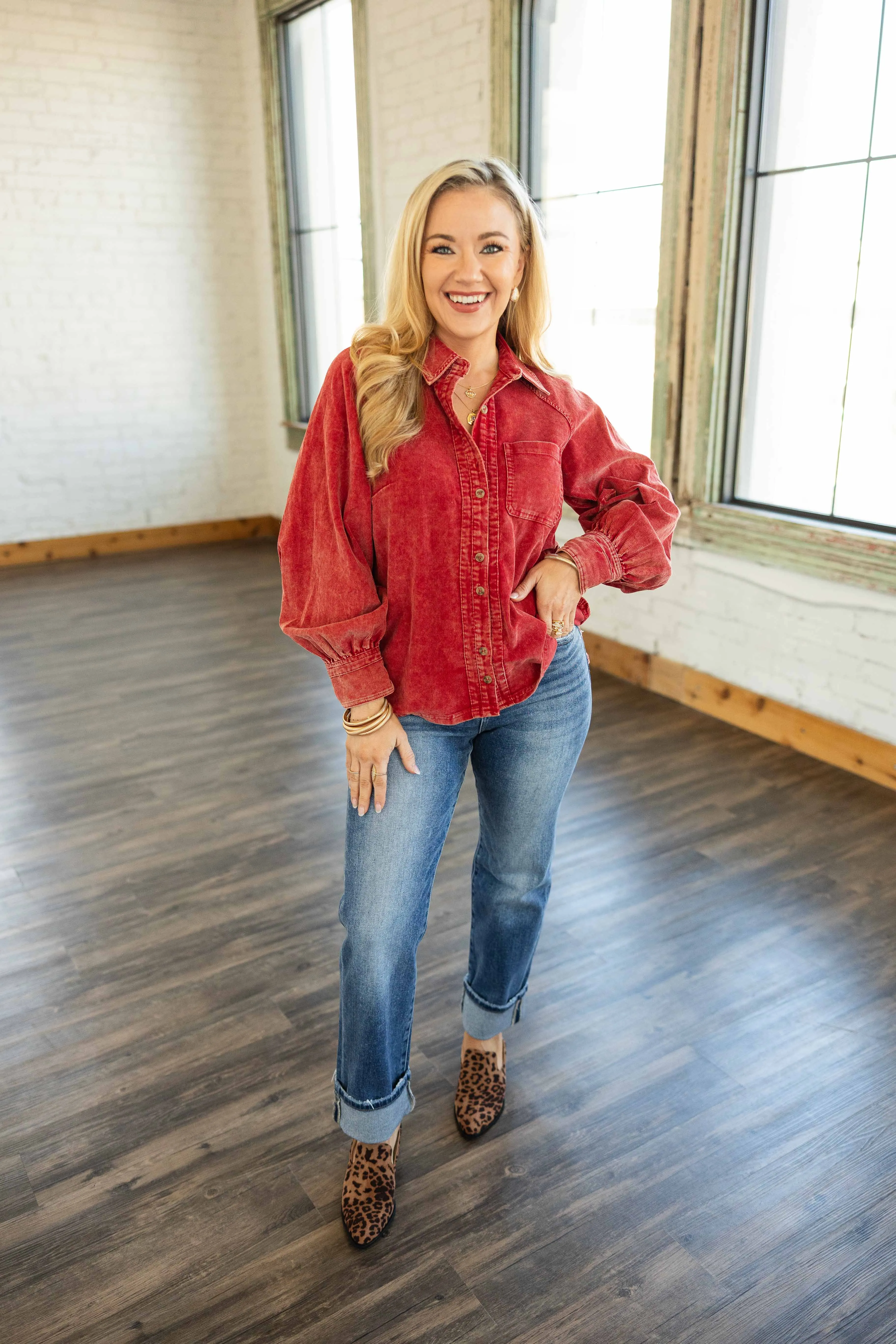 ATHENA CORDUROY BUTTON DOWN LONG SLEEVE TOP