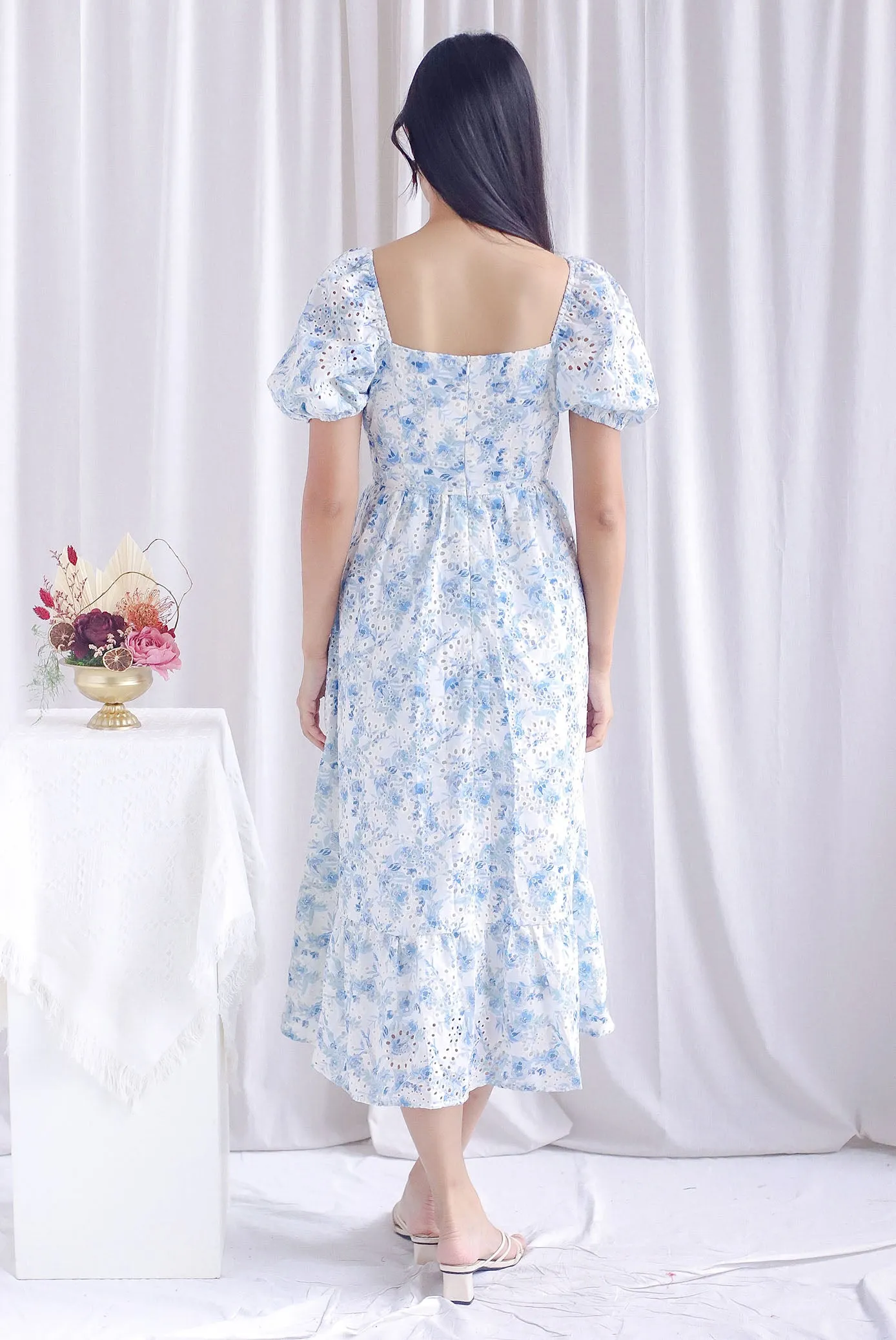 Auden Floral Embro Sleeved Overlap Maxi Dress In Blue