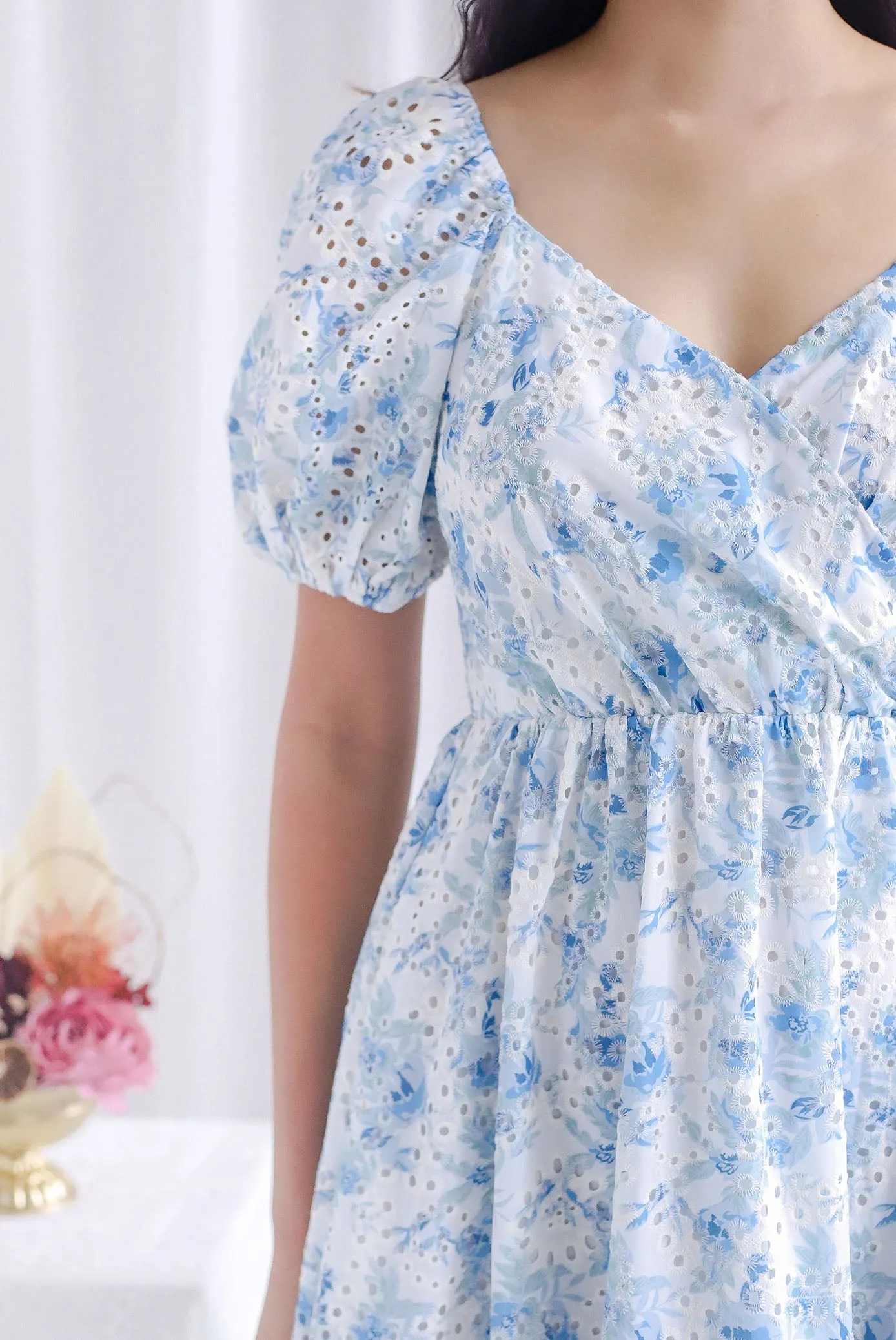 Auden Floral Embro Sleeved Overlap Maxi Dress In Blue