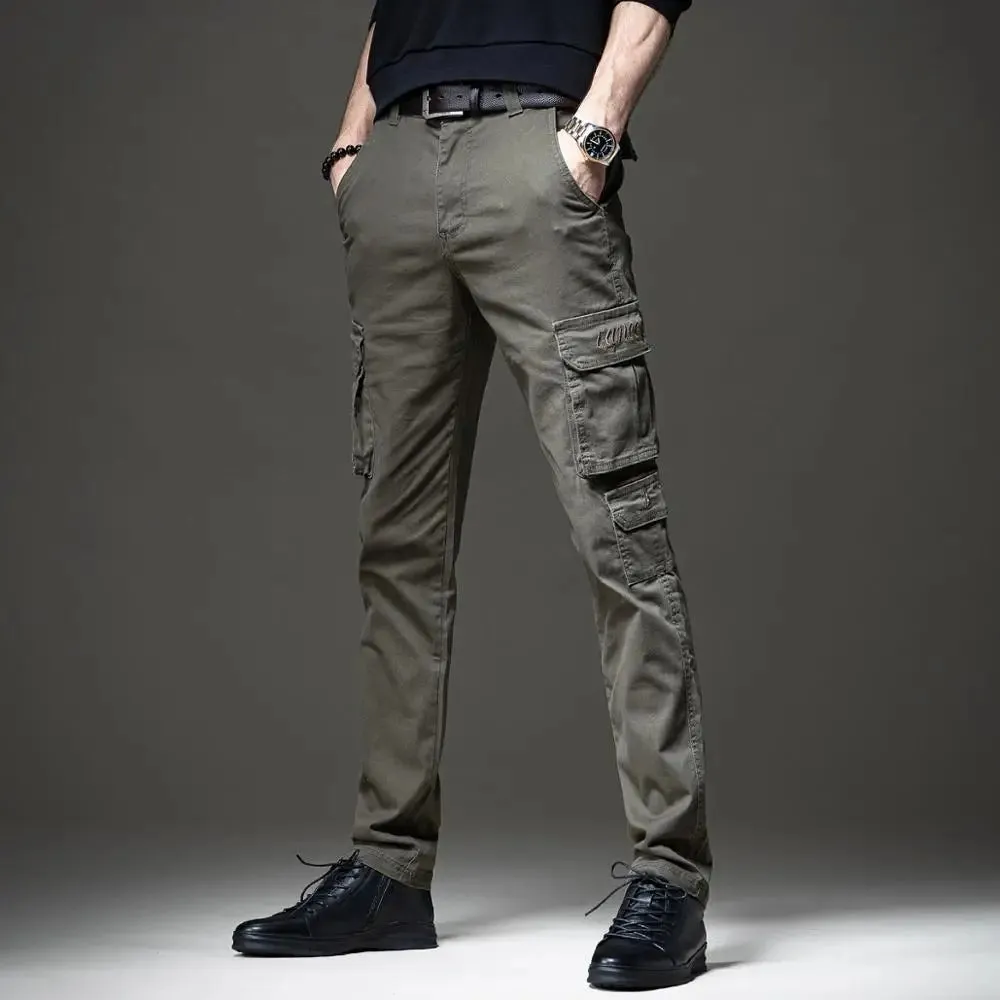 Autumn Men's Cotton Black Cargo Pants - Tactical Casual Slim Fit Straight Trousers
