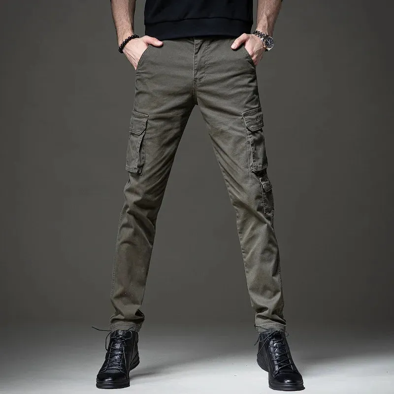 Autumn Men's Cotton Black Cargo Pants - Tactical Casual Slim Fit Straight Trousers