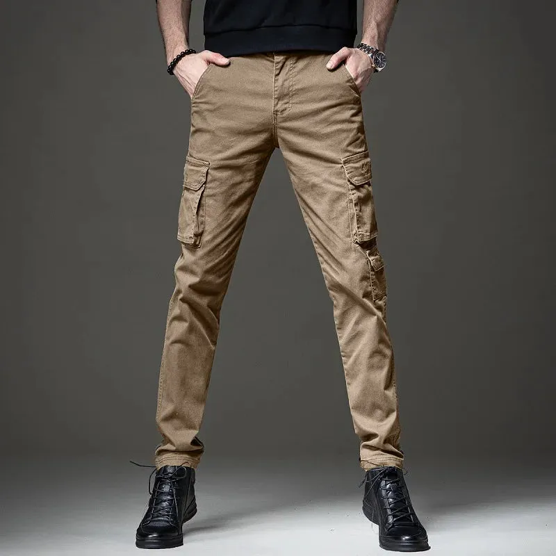 Autumn Men's Cotton Black Cargo Pants - Tactical Casual Slim Fit Straight Trousers