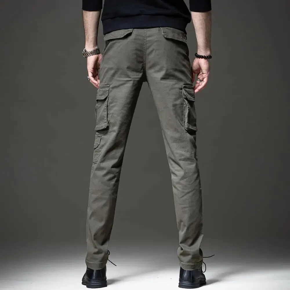 Autumn Men's Cotton Black Cargo Pants - Tactical Casual Slim Fit Straight Trousers
