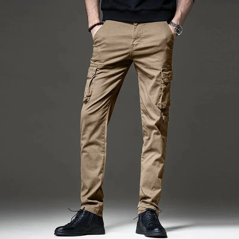 Autumn Men's Cotton Black Cargo Pants - Tactical Casual Slim Fit Straight Trousers