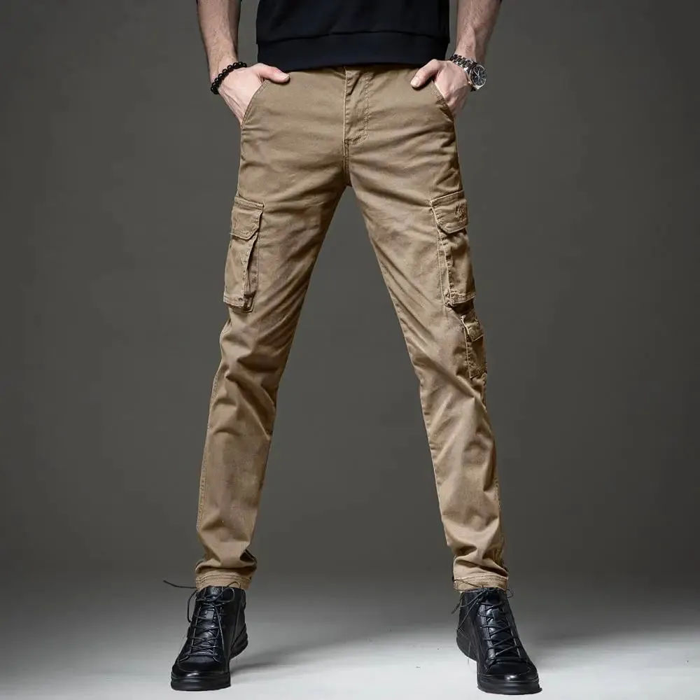 Autumn Men's Cotton Black Cargo Pants - Tactical Casual Slim Fit Straight Trousers