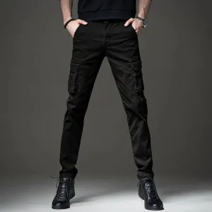 Autumn Men's Cotton Black Cargo Pants - Tactical Casual Slim Fit Straight Trousers