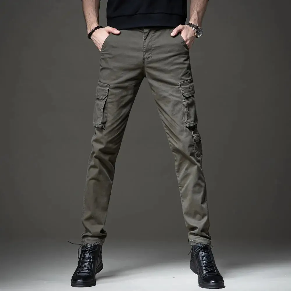 Autumn Men's Cotton Black Cargo Pants - Tactical Casual Slim Fit Straight Trousers