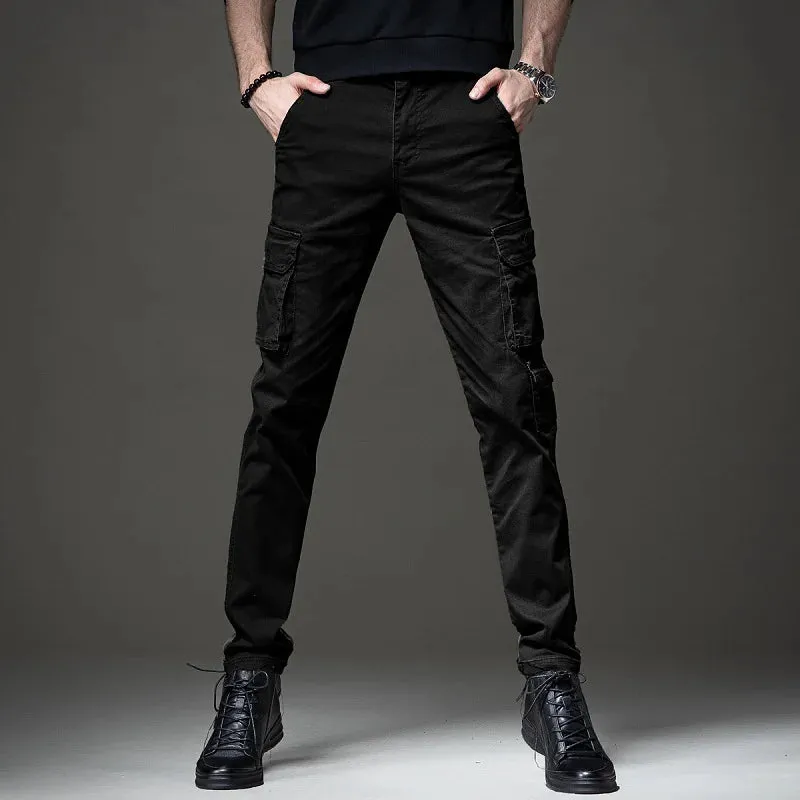 Autumn Men's Cotton Black Cargo Pants - Tactical Casual Slim Fit Straight Trousers