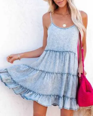 Backless Strap Ruffles Denim Mini Dresses