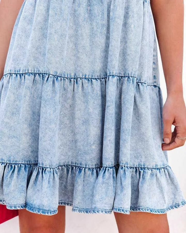 Backless Strap Ruffles Denim Mini Dresses