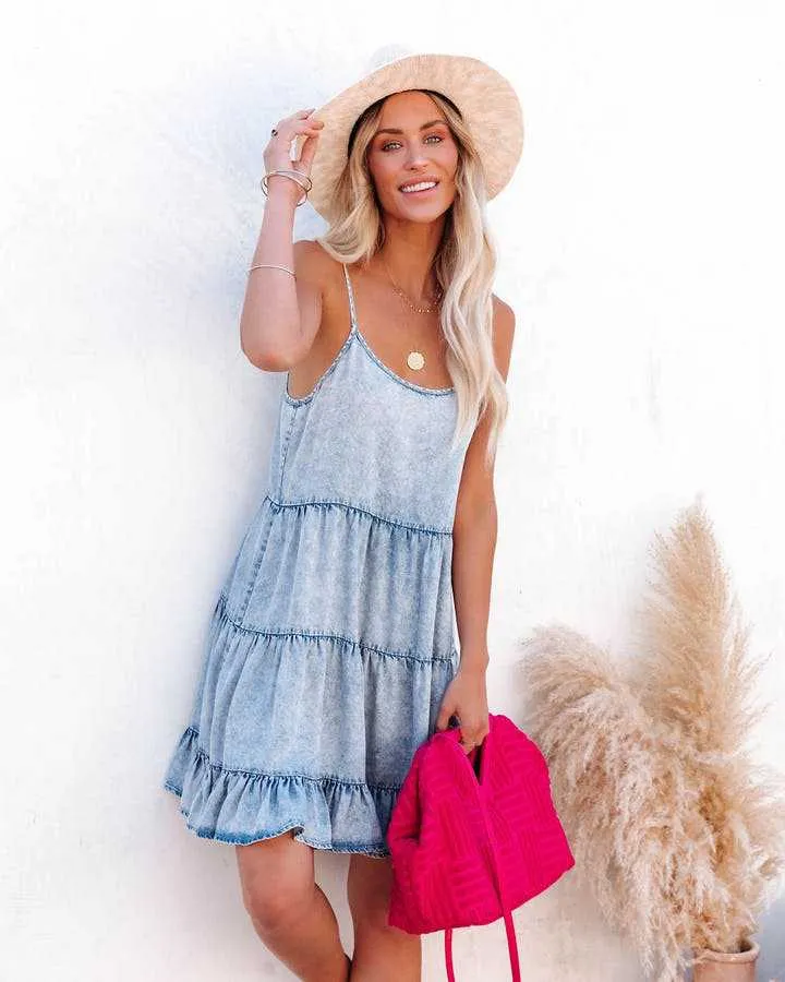 Backless Strap Ruffles Denim Mini Dresses