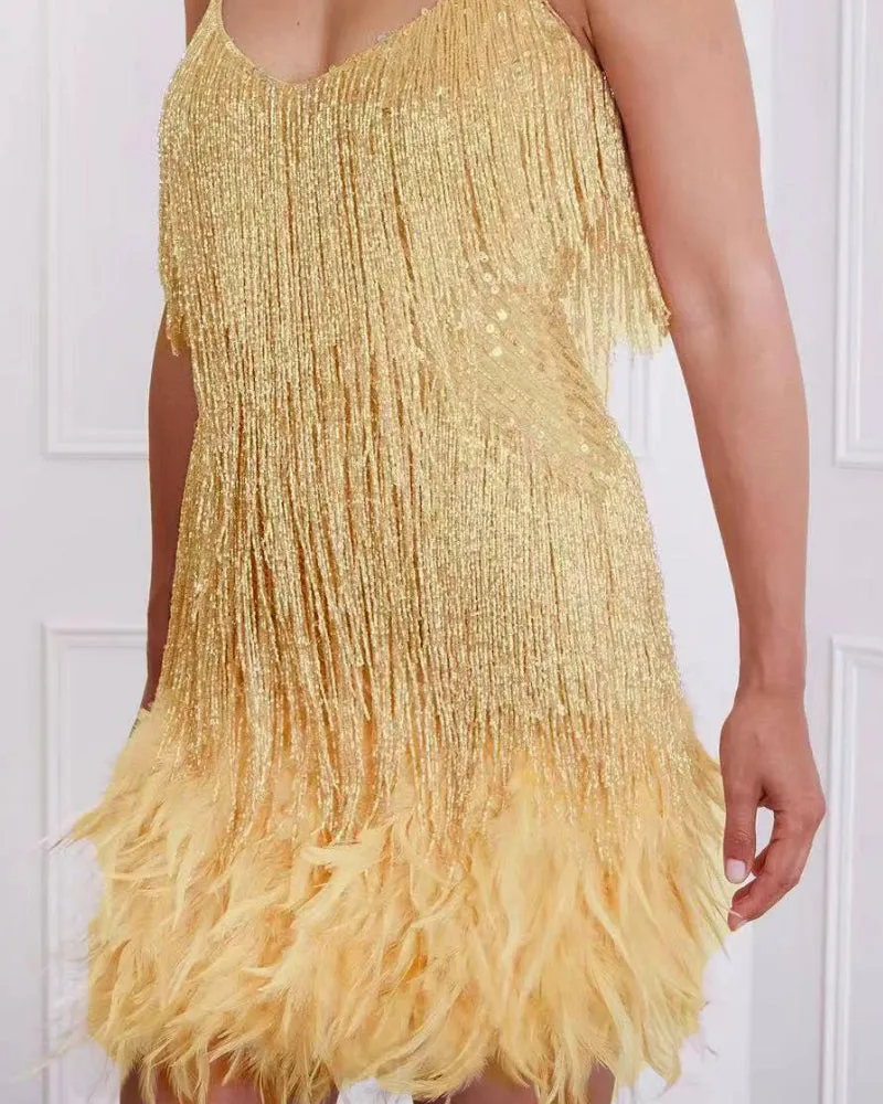 Backless Tassel Feather Sequins Party Mini Dresses