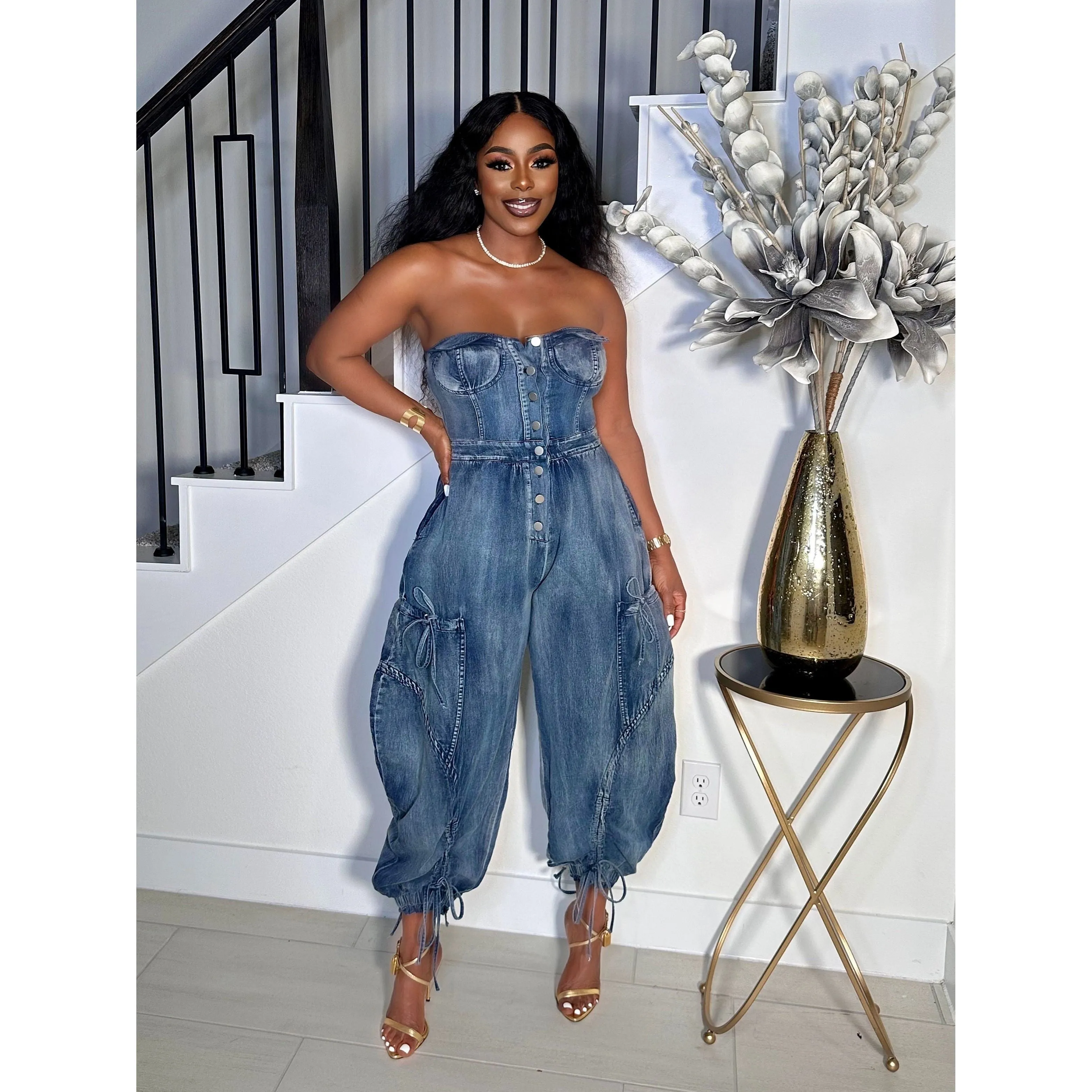 BAD GIRL STRAPLESS CARGO JUMPSUIT