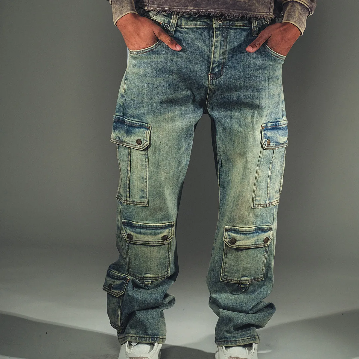 Baggy fit wax coated washed denim