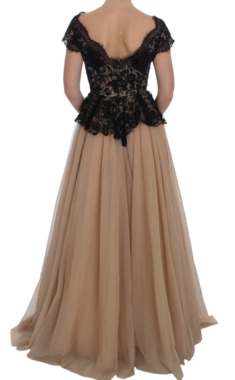 Beige Black Floral Dress Ball Maxi Dress
