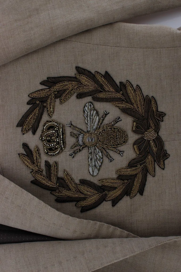 Beige Slim Fit Bee Crown Blazer Jacket