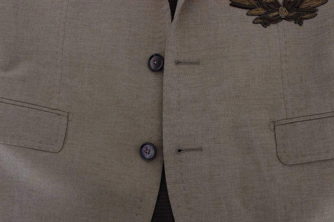 Beige Slim Fit Bee Crown Blazer Jacket