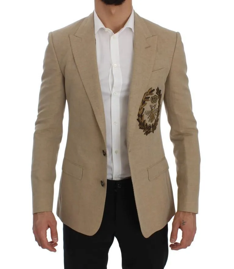 Beige Slim Fit Bee Crown Blazer Jacket