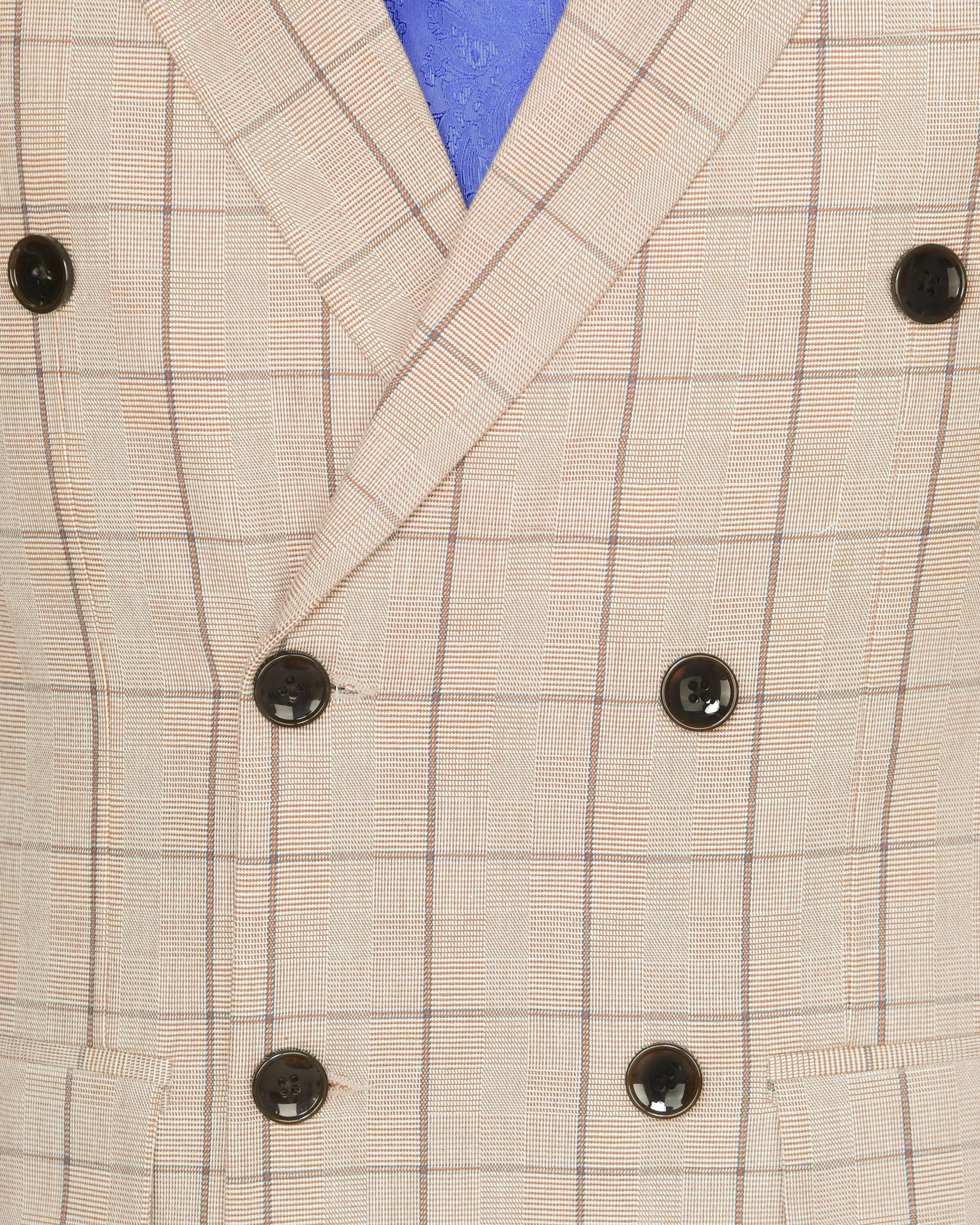 Beige Windowpane Wool Rich Double Breasted Blazer
