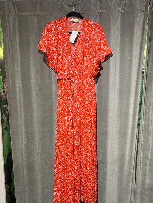Berenice Orange Floral Short Sleeve Flowy Sleeve Maxi Dress