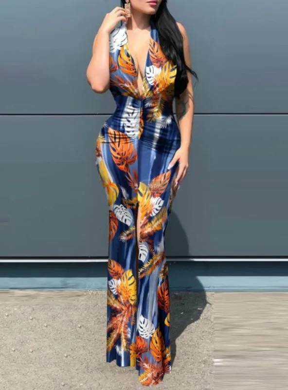 BerryBetty - Black Plunge Sunflower Print Slit Maxi Dress
