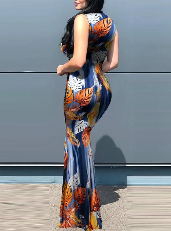 BerryBetty - Black Plunge Sunflower Print Slit Maxi Dress