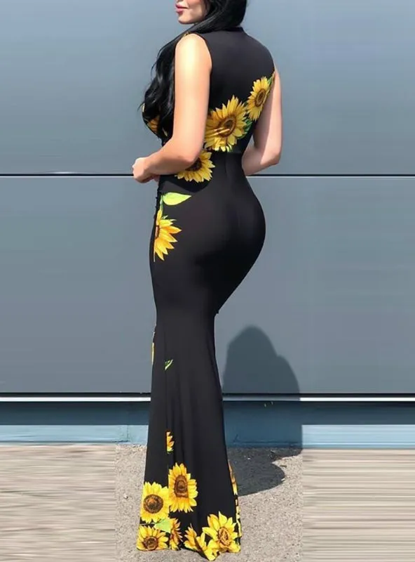 BerryBetty - Black Plunge Sunflower Print Slit Maxi Dress